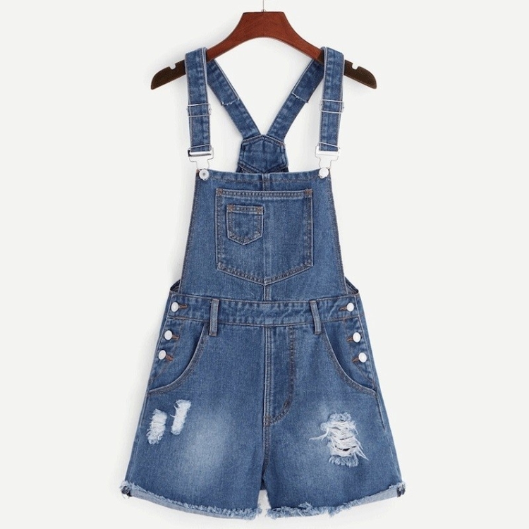 Strap Denim Shorts Jumpsuit (Color:Dark 