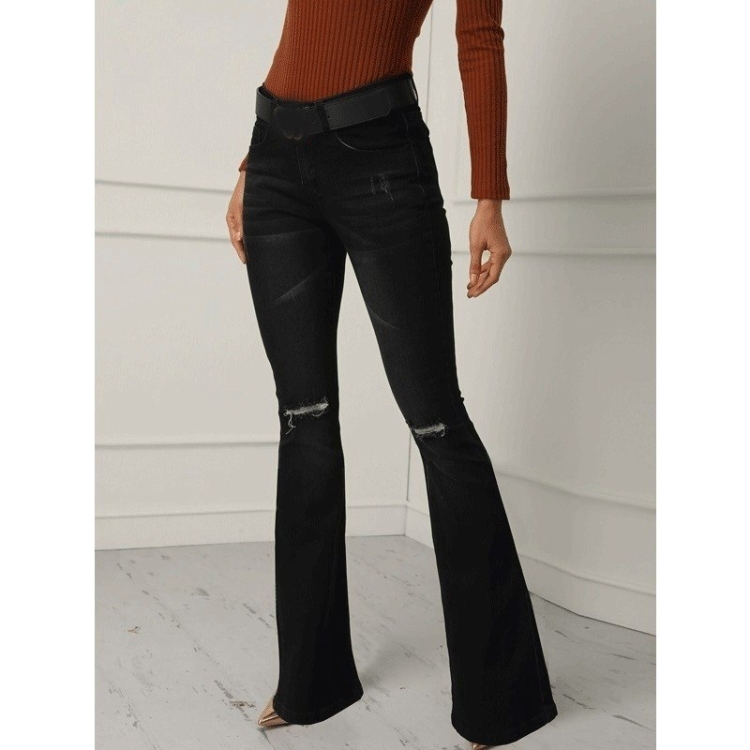 SUNSKY - Jeans acampanados rasgados de tiro alto elásticos (Color: Negro  Talla: S)