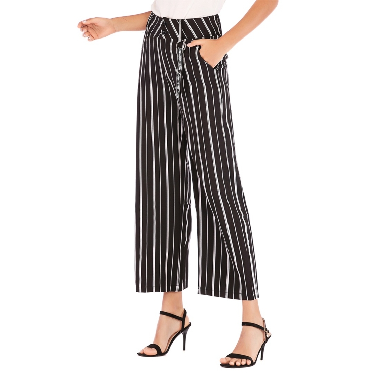 Pantalones casuales rectos de pierna ancha Correas de rayas (Color: Negro  Talla: S)
