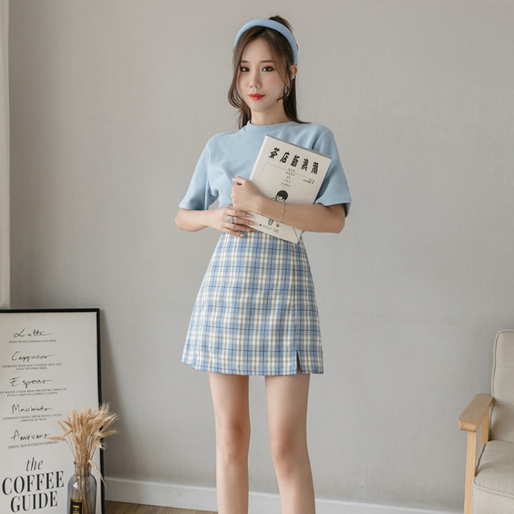 Summer Plaid Short Skirt High-waisted A-line Skirt (Color:Blue Size:L)