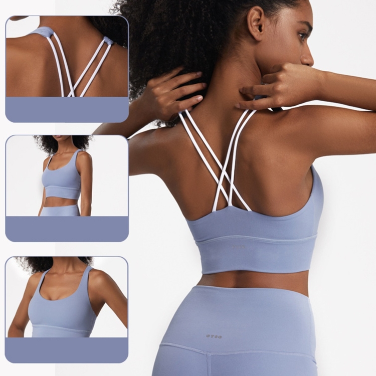 Skin Friendly Nude Sports Bra Cross Back Shockproof Fitness Vest  (Color:Gray Blue Size:M)