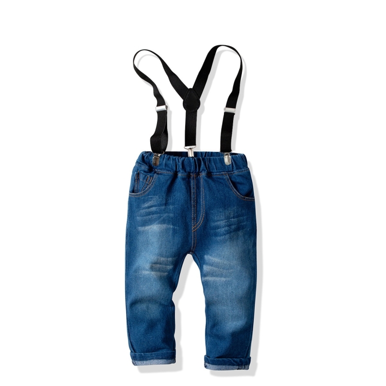 Camisa de manga larga para niños + Tirantes y pantalones de mezclilla Traje  de dos piezas (Color: Azul Talla: 120)