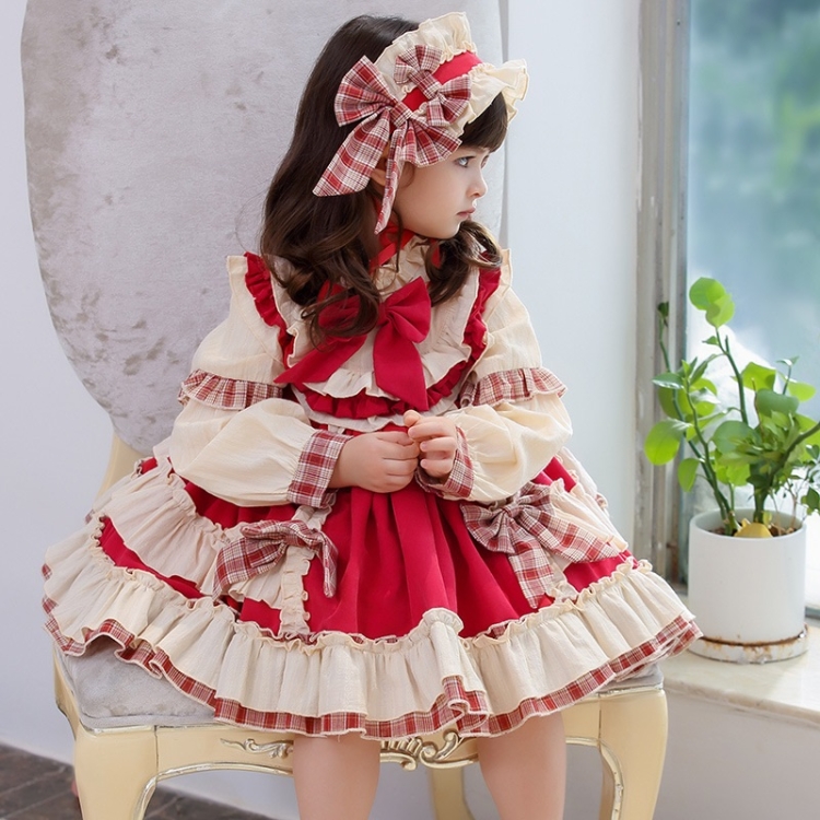 Abito Lolita a maniche lunghe autunno e inverno per ragazze (Colore: Rosso  Taglia: 100)