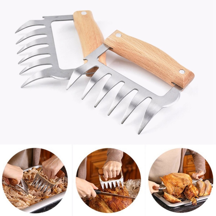 2 PCS Bear Claw Shaped stainless steel Barbecue Fork Chicken Shredded Wooden Handle  Anti-skid Creative Kitchen Fork Claw Meat Claw Splitter with (Wood color) - 5