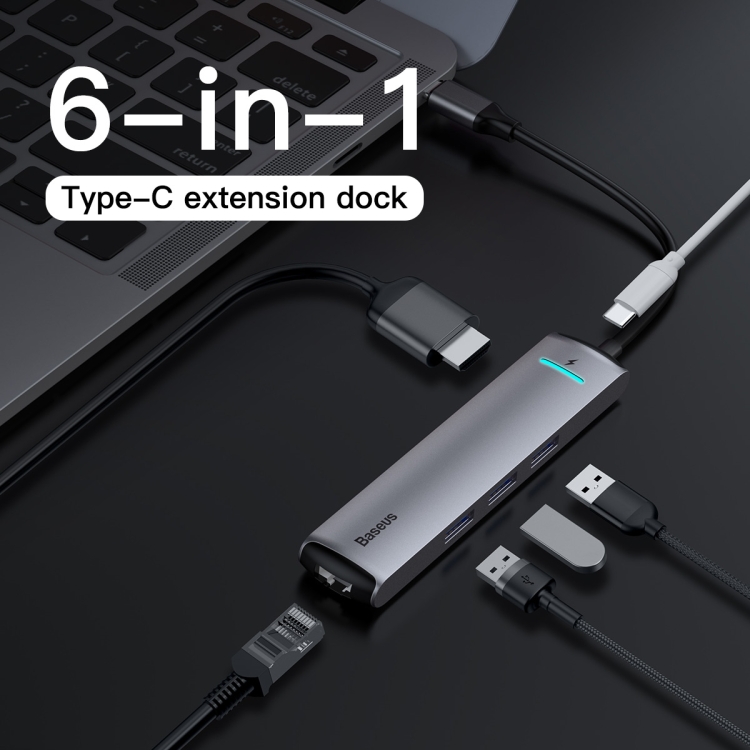 Baseus CAHUB-J0G Mechanical Eye 6 in 1 HDMI / USB 3.0 x 3 /RJ45 / PD to USB-C / Type-C Smart HUB Docking Station - 3