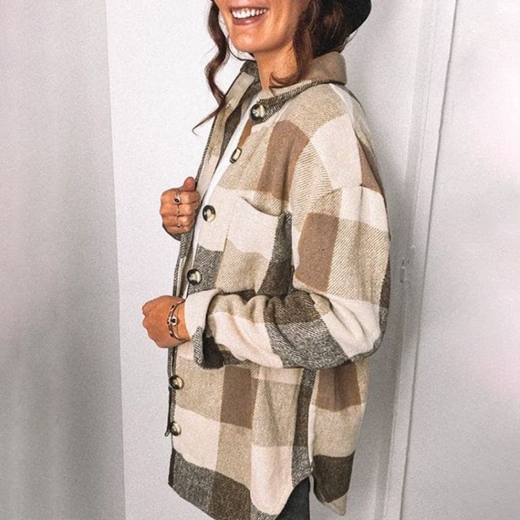 Lapel Long Sleeve Flannel Check Shirt Loose Casual Cardigan Jacket for Ladies Color Khaki Size L