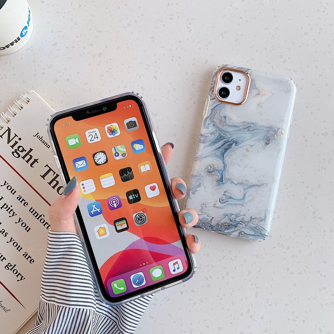 Iphone 11 Pro Max Hülle Designer SUNSKY - สำหรับ iPhone 11 Pro Max ลายหินอ่อน เคสประกบ TPU เคลือบสองด้าน
