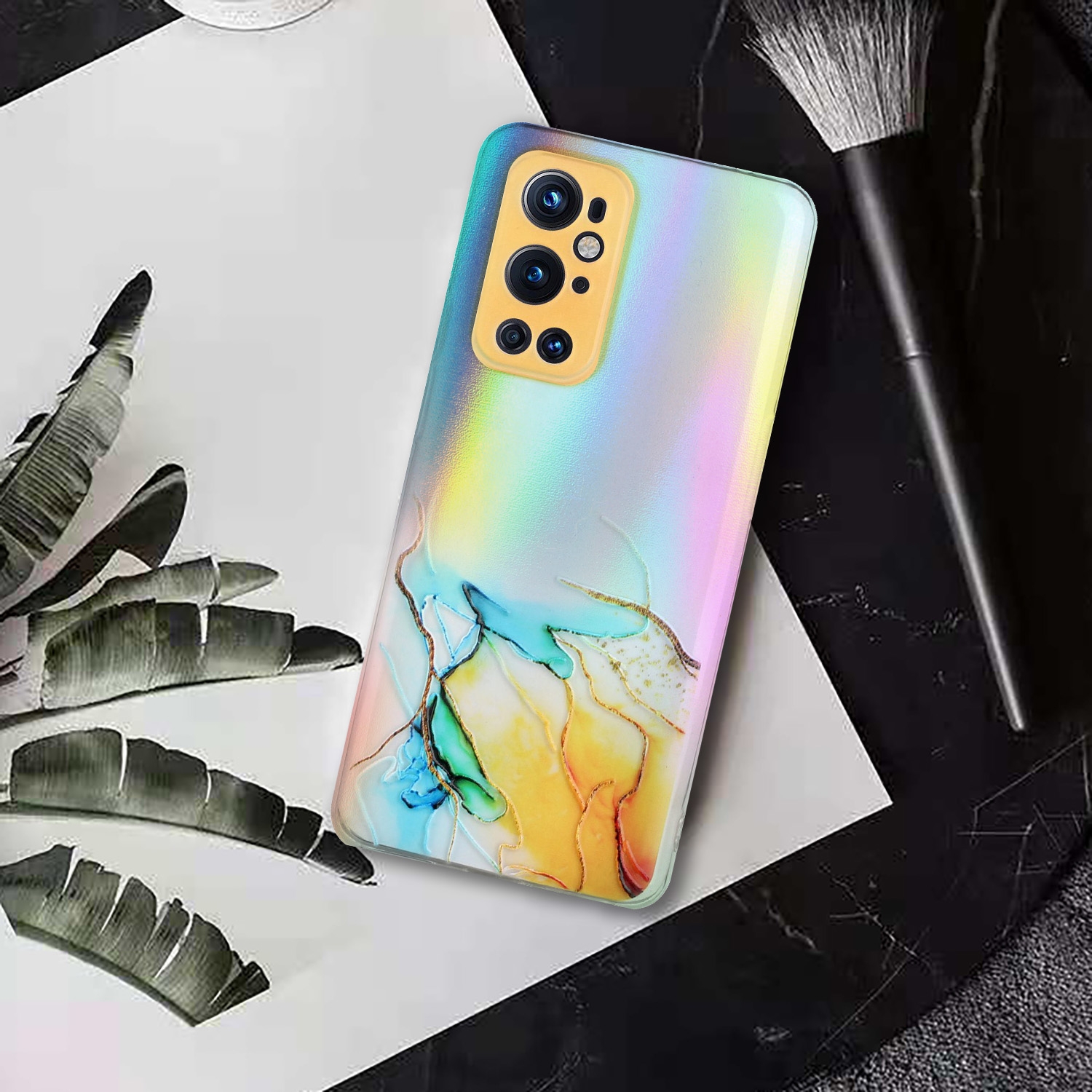 SUNSKY - Для OnePlus 9 Pro Лазерный мраморный шаблон Прозрачный TPU  ударопрочный защитный чехол (желтый)