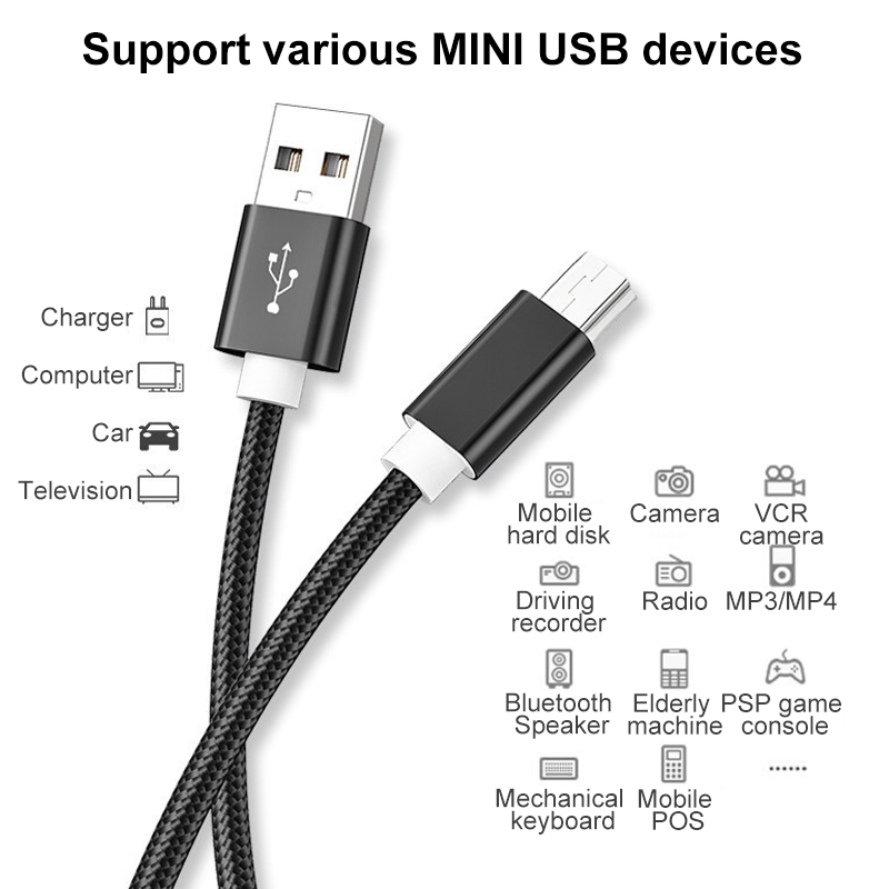 5 PCS Mini USB to USB A Woven Data / Charge Cable for MP3, Camera, Car DVR, Length:1.5m(Black)