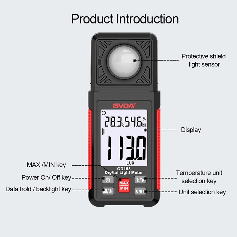 GVDA GD158 200000Lux Digital Light Meter Tester Brightness Photometer