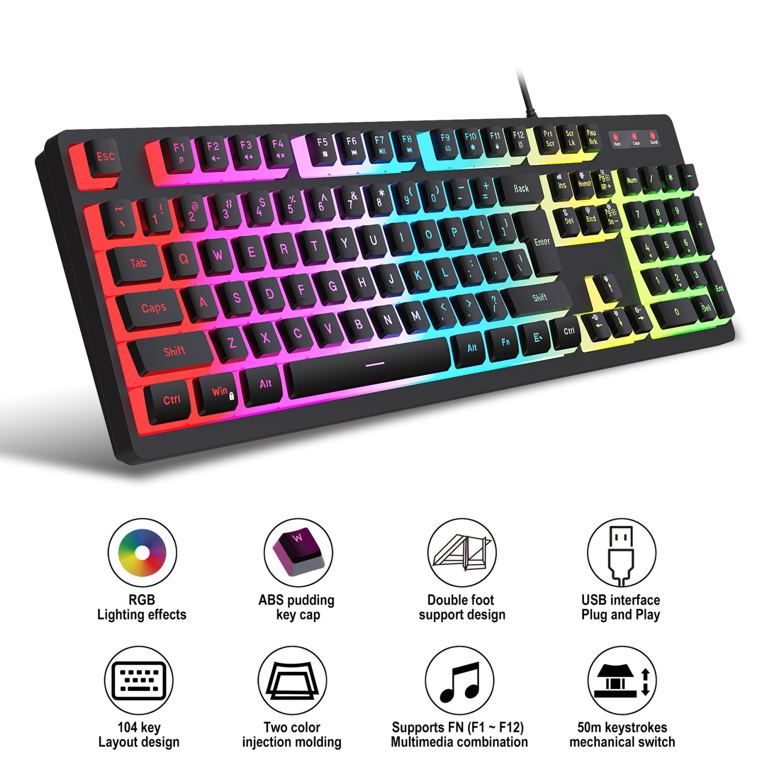 HXSJ L200 Wired RGB Backlit Keyboard 104 Pudding Key Caps(Black)