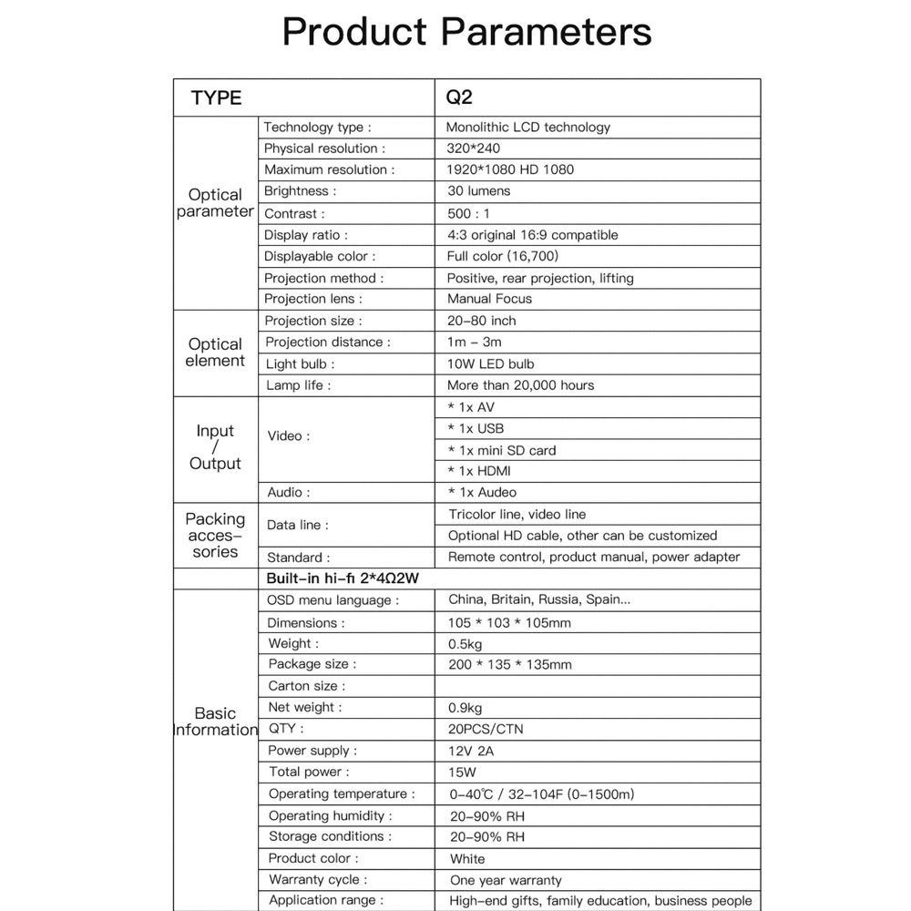 SUNSKY - Q2 LED 1080P Mini Portable Projector เครื่องฉายเด็กประเภทปลั๊ก ...