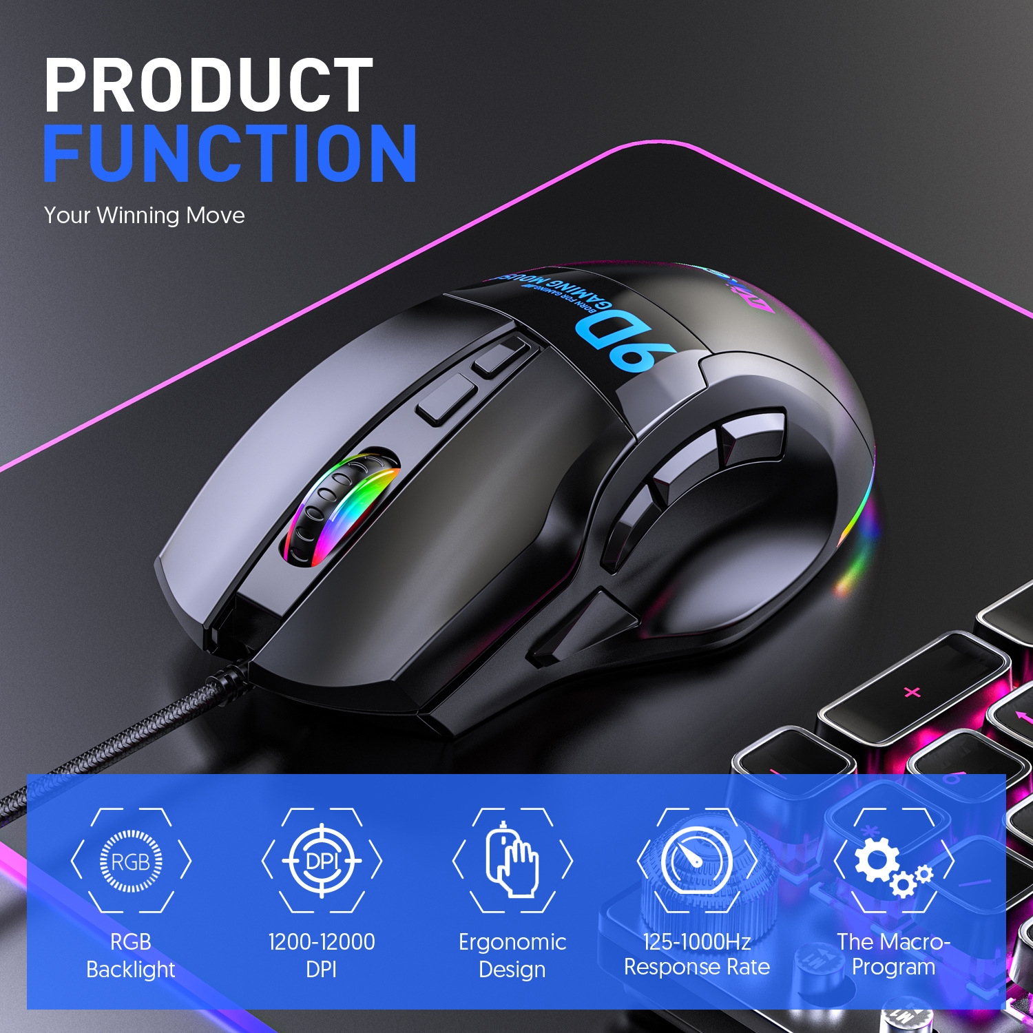 SUNSKY - MKESPN X10 9-Buttons RGB Wired Macro Definition Gaming Mouse