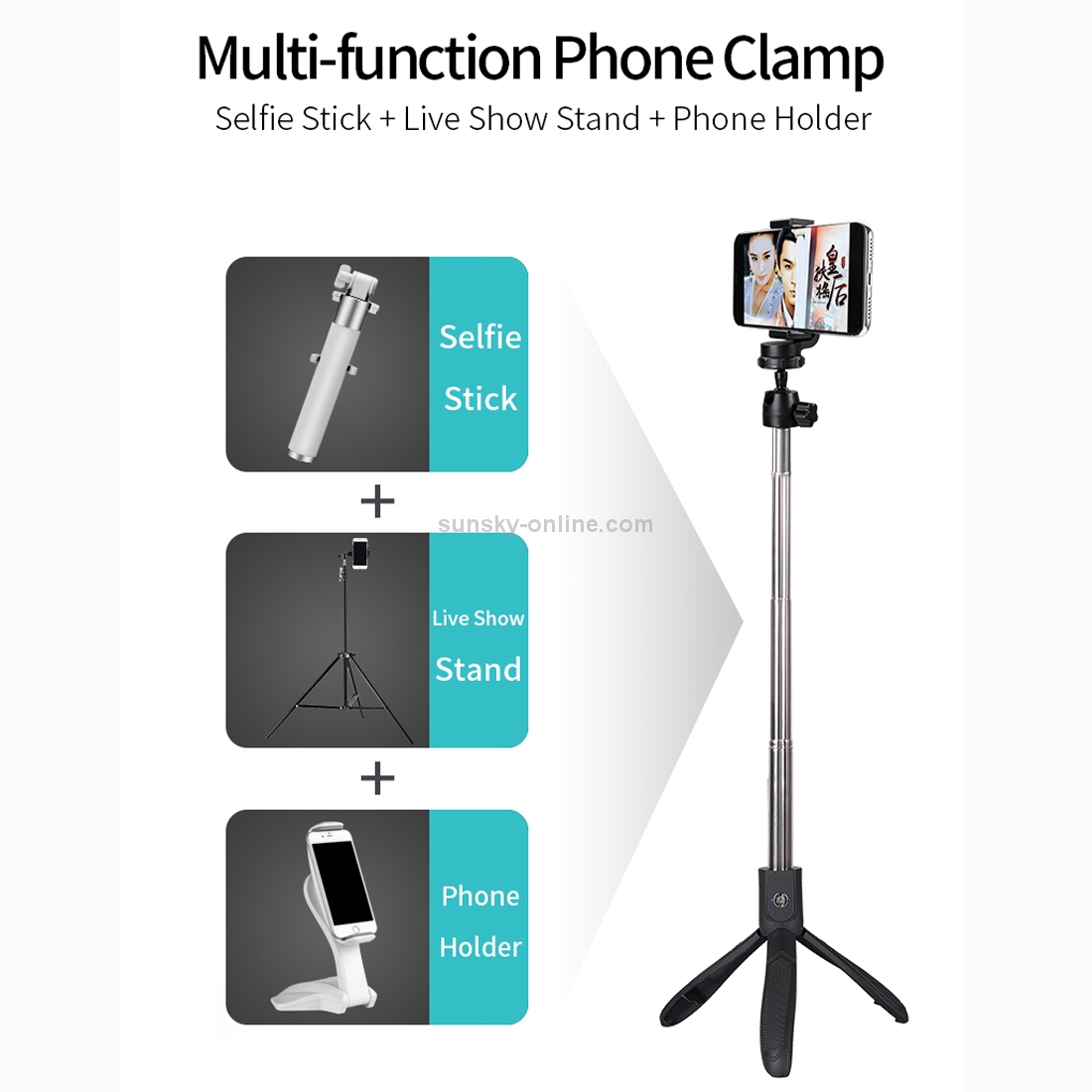 K05 Bluetooth 4.0 Mobile Phone Adjustable All-purpose Bluetooth Selfie Stick Self-timer Pole Tripod (Black)