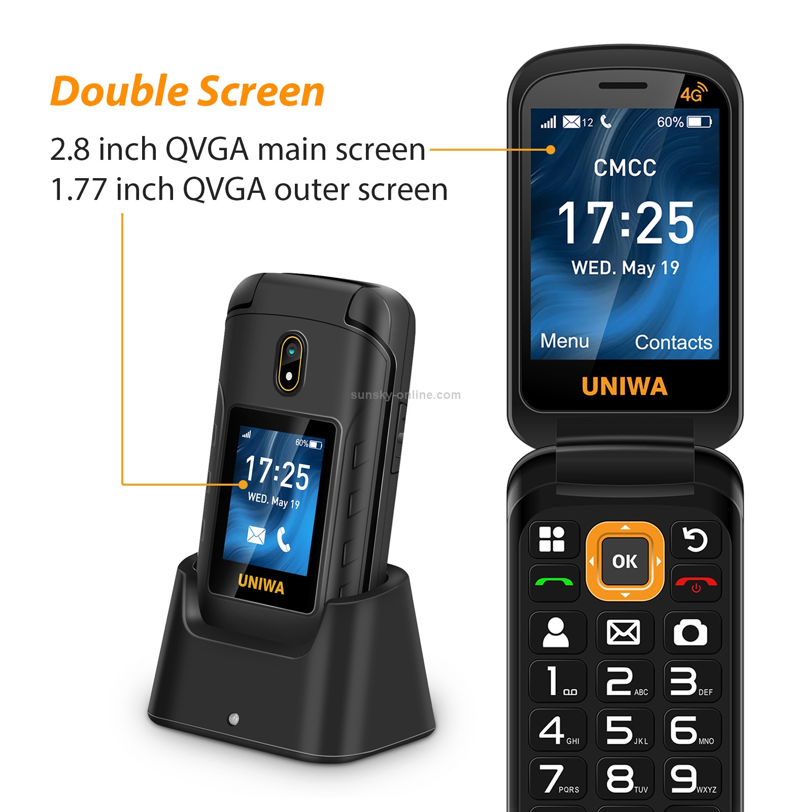 SUNSKY UNIWA V909T Flip Phone, 2.8 inch + 1.77 inch, UNISOC Tiger