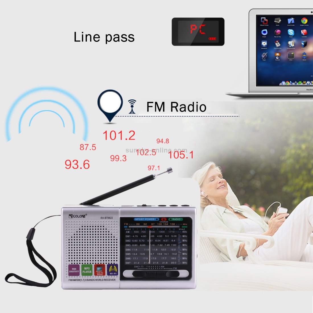 SUNSKY COLON RXBT6622 Portable FM AM SW (17) 9 Bands Channels Radio