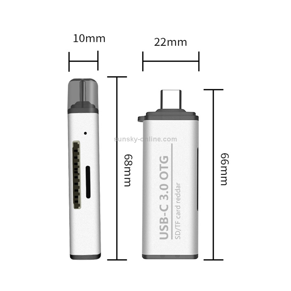 ADS-103 3 in 1 Type-C Male to USB 3.0 Female + SD / TF Card Slots OTG Adapter SD / TF Card Reader (Silver)