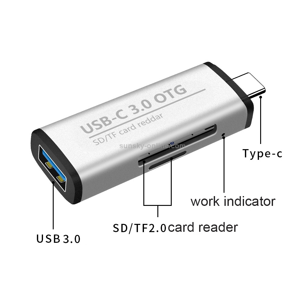 ADS-103 3 in 1 Type-C Male to USB 3.0 Female + SD / TF Card Slots OTG Adapter SD / TF Card Reader (Silver)