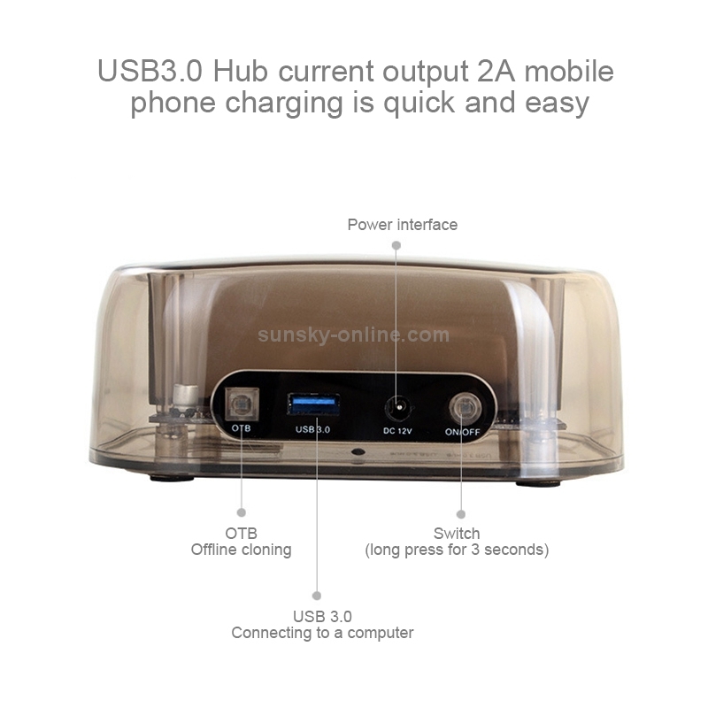 2.5 / 3.5 inch USB3.0 Dual SATA HDD Enclosure with HUB & OTB Function, The Maximum Support Capacity: 16TB