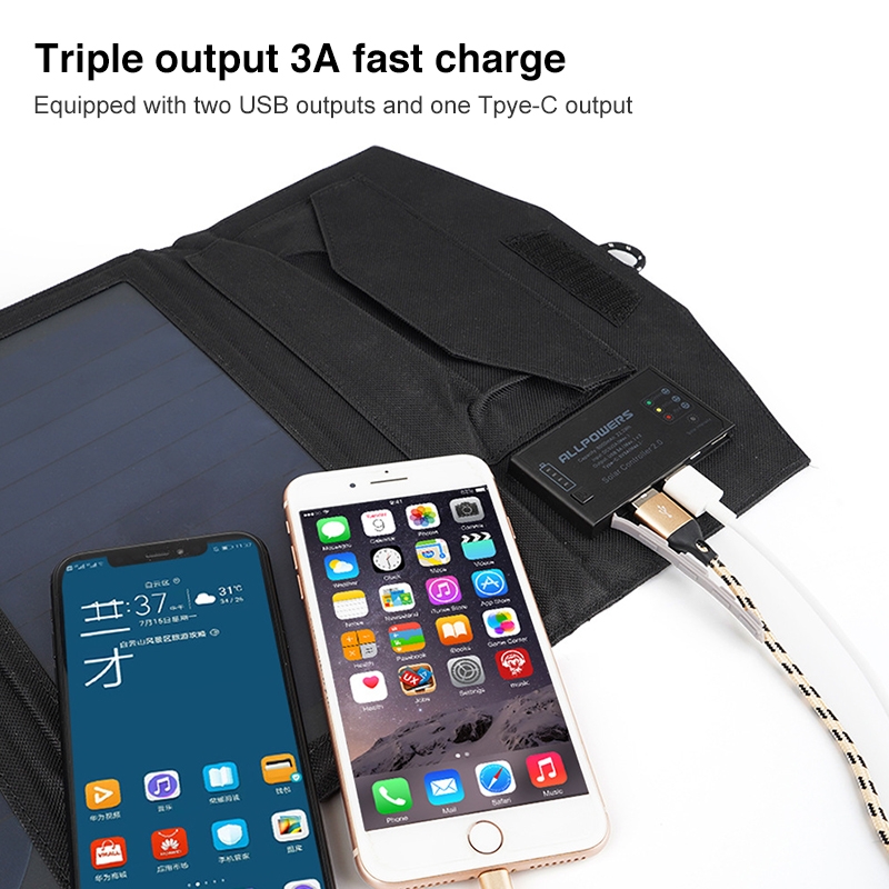 ALLPOWERS Solar Battery Charger Portable 5V 15W Dual USB+ Type-C Portable Solar Panel Charger Outdoors Foldable Solar Panel