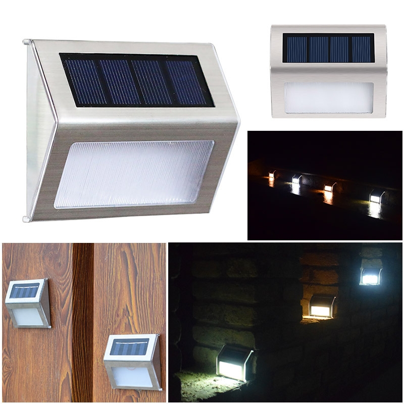 2PCS Solar Stainless Steel 3 LED Stair Wall Lamp Outdoor Garden Fence Light(Warm Light)