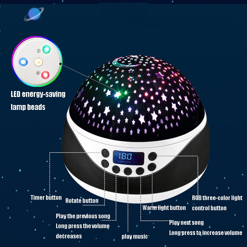 LED Starry Sky Light USB Remote Control Rotating Music Projector Lamp Romantic Starry Night Light(Black)