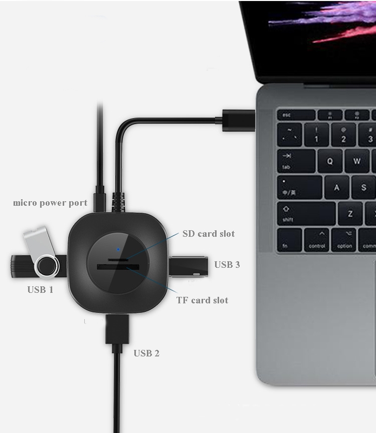 H25-3.0 3 x USB Port + TF/SD Card Reader Computer Notebook High-Speed Hub Splitter