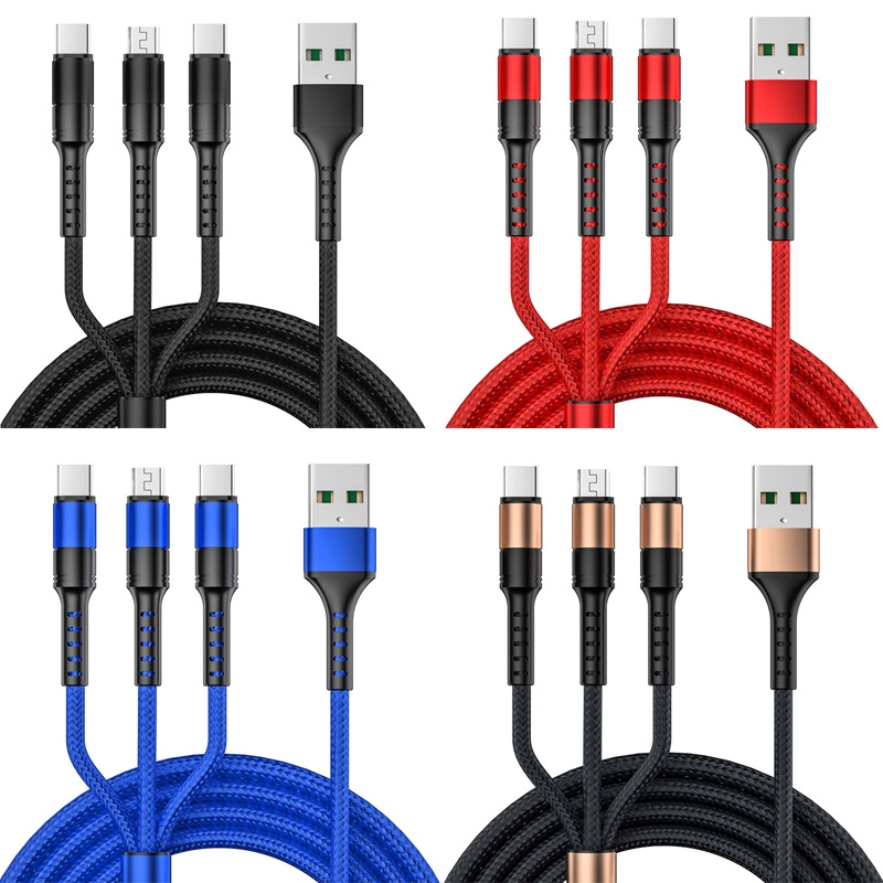 1.25m 3 In 1 USB to Dual Type-C + Micro USB Quick Charging Sync Data Cable, Output: 5A (Red)