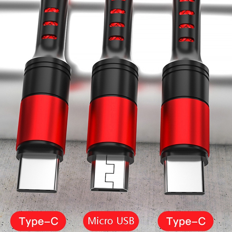 1.25m 3 In 1 USB to Dual Type-C + Micro USB Quick Charging Sync Data Cable, Output: 5A (Red)