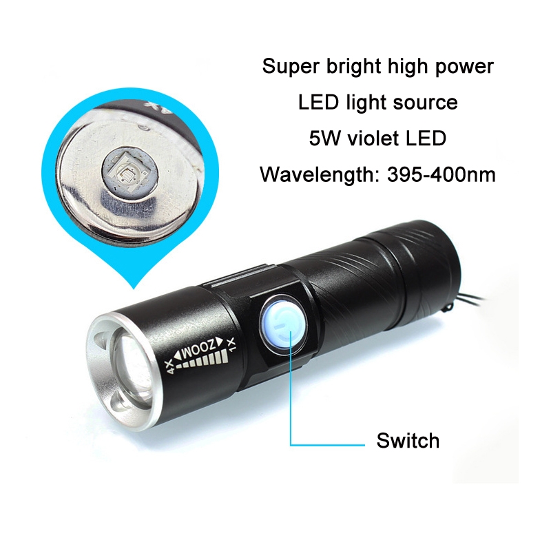 USB Ultraviolet Flashlight Jade Identification Fluorescence Detector(Gold 395nm)