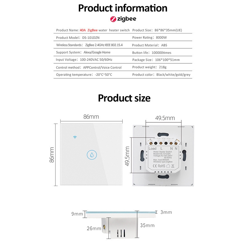 Tuya ZigBee 40A Smart High Power Water Heater Light Air Conditioner Switch Time Voice Remote Control(White)