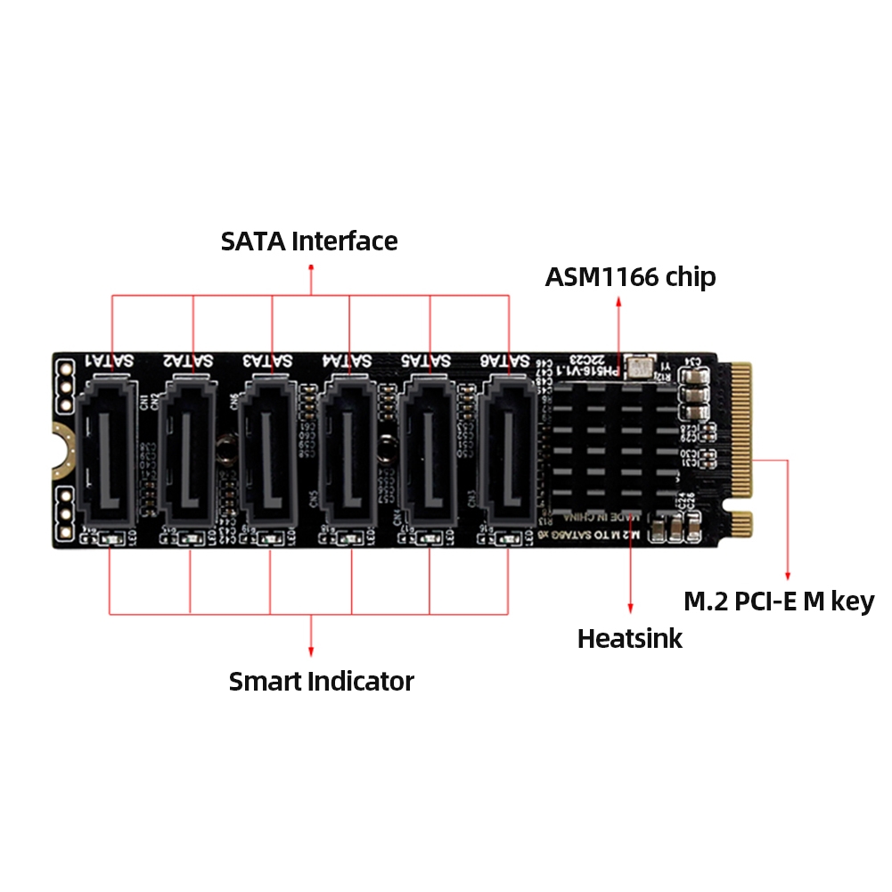 M2 M-EKY PCIE3.0 To SATA6G Transfer Expansion Card 6 Port Hard Disk Expansion Adapter Card(PH516)