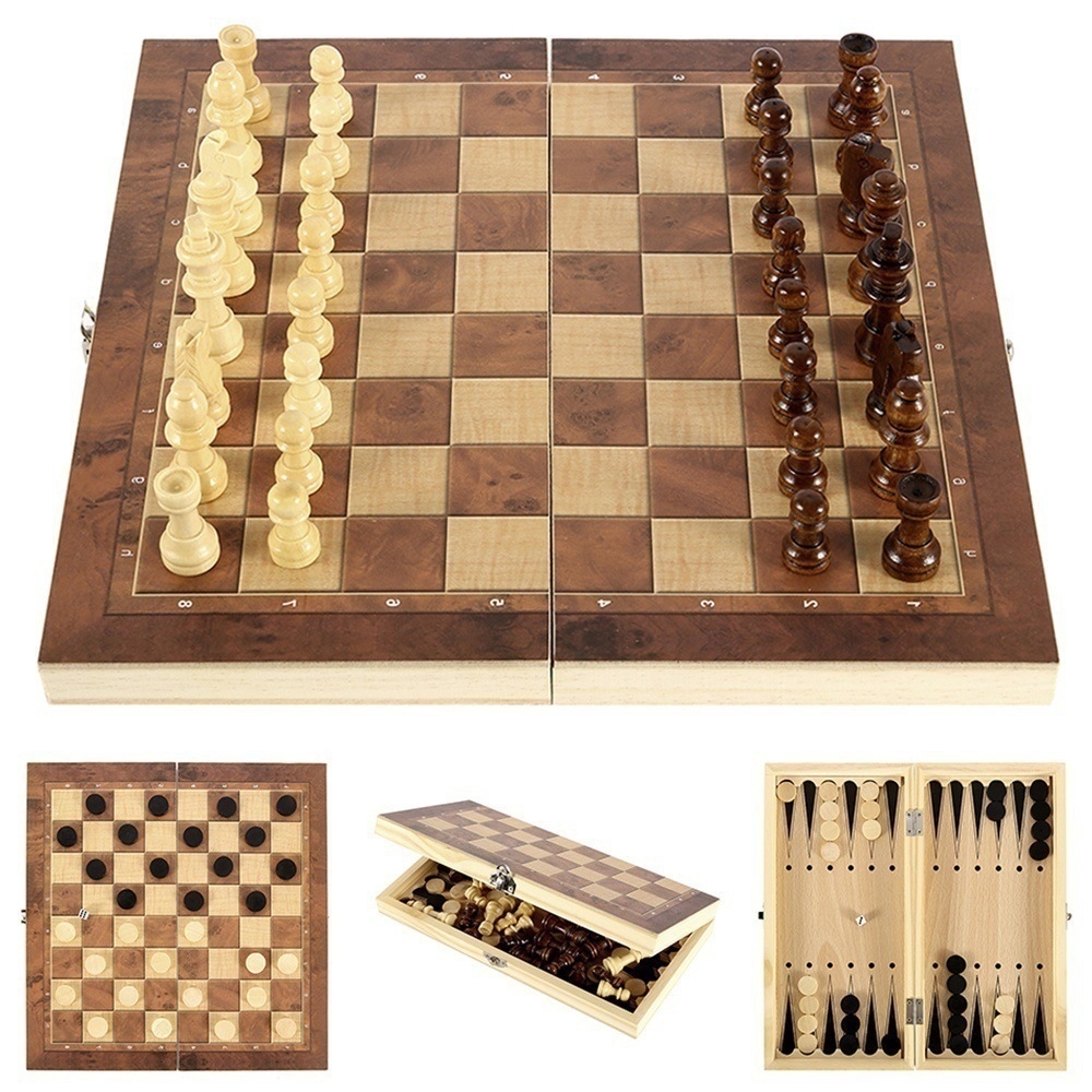 34 x 34cm 3 In 1 Wooden Chess Set Foldable Chess Board For Kids Adults