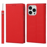 Litchi Texture Genuine Leather Phone Case With Lanyard & Holder & Card Slots & Wallet For iPhone 13 Pro Max(Red)