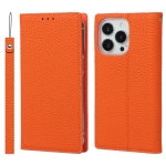 Litchi Texture Genuine Leather Phone Case With Lanyard & Holder & Card Slots & Wallet For iPhone 13 Pro Max(Orange)