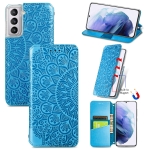 For Samsung Galaxy S22 5G Blooming Mandala Embossed Magnetic Horizontal Flip Leather Case with Holder & Card Slots & Wallet(Blue)