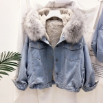 Velvet Thick Denim Jacket Female Winter Big Fur Collar Locomotive Lamb Coat Female Student Short Coat, Size:M(Gray)