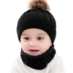 قبعة محبوكة دافئة دائرية لحماية الأذن بونيه للأطفال قبعات شتوية + وشاح (أسود)