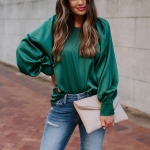 Satin Bubble Long Sleeve Solid Color Pullover Shirt (Color:Green Size:XL)