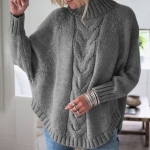 Women Loose Bat Sleeve Turtleneck Knit Sweater (Color:Grey Size:S)