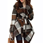 Checked Texture Color Matching Woolen Coat Mid-length Trench Coat Women (Color:Khaki Size:XXXXL)