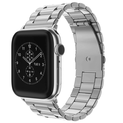 

For Apple Watch Series 9&8&7 41mm / SE 3&SE 2&6&SE&5&4 40mm / 3&2&1 38mm Fold Buckle 3 Beads Stainless Steel Watch Band(Silver)