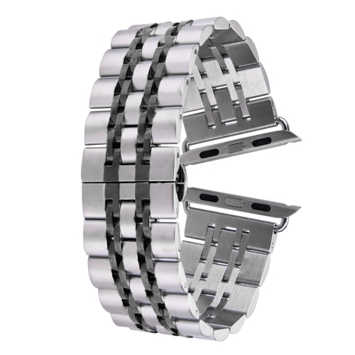 

22mm Men Hidden Butterfly Buckle 7 Beads Stainless Steel Watchband For Apple Watch 42mm(Silver+Black)