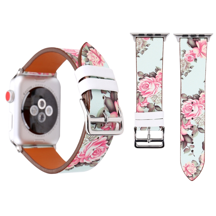 

Fashion Genuine Leather New Spring Blue Flower Pattern Watch Band for Apple Watch Series 3 & 2 & 1 38mm