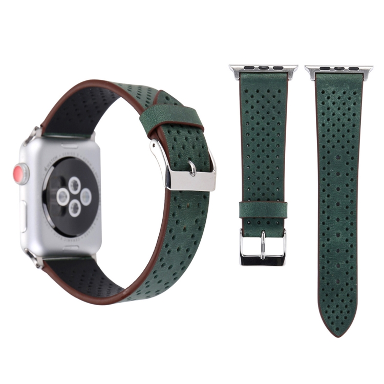 

For Apple Watch Ultra 49mm&Watch Ultra 2 49mm / Series 9&8&7 45mm / SE 3&SE 2&6&SE&5&4 44mm / 3&2&1 42mm Simple Fashion Genuine Leather Hole Pattern Watch Band(Green)