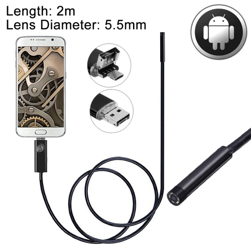 

2 in 1 Micro USB & USB Endoscope Waterproof Snake Tube Inspection Camera with 6 LED for OTG Android Phone, Length: 2m, Lens Diameter: 5.5mm