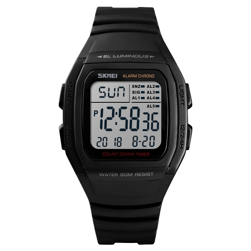 

SKMEI 1278 Fashionable Outdoor 50m Waterproof Digital Watch Student Sports Wrist Watch Support 5 Group Alarm Clocks(Black)