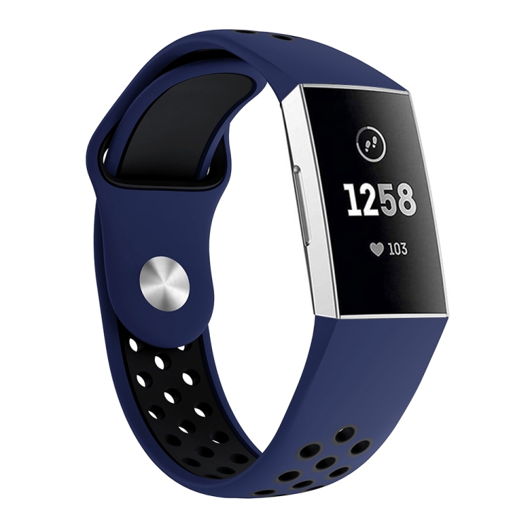 SUNSKY - Correa de reloj de silicona con orificio redondo de dos colores  para Fitbit Charge 3, tamaño de la correa de muñeca: 130-195 mm (negro azul)