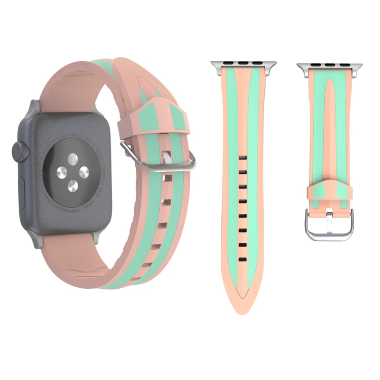 SUNSKY - Para Apple Watch Series 3, 2 y 1 Correa de reloj de silicona con  patrón de rayas dobles de moda de 38 mm (rosa + verde)