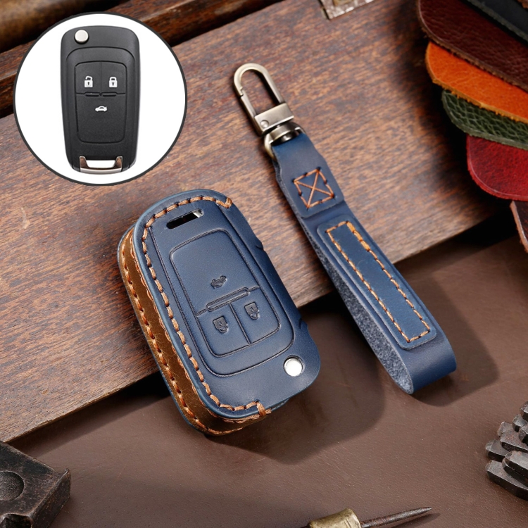 

For Chevrolet Folding Car Cowhide Leather Key Protective Cover Key Case (Blue)